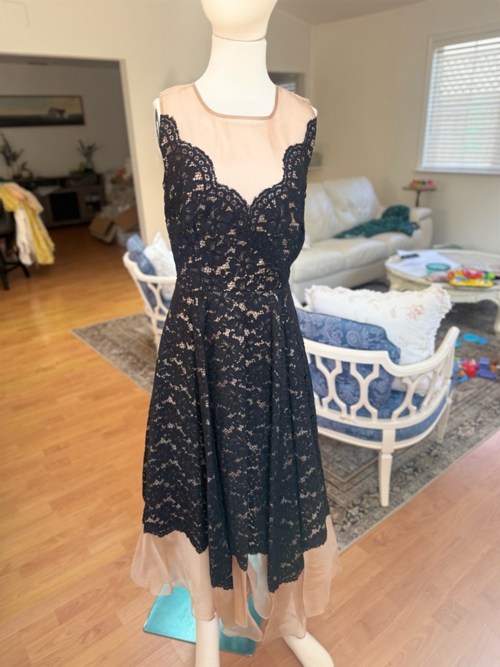 Sleeveless Black Lace Overlay Dress with Nude Illusion